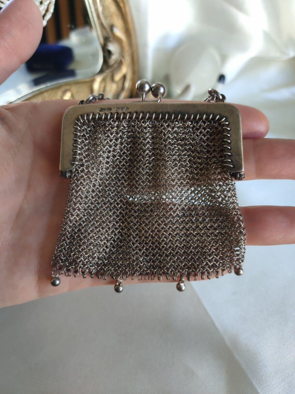 Antique 1917 Chester Chatelaine Chain Mesh Coin Purse Fob