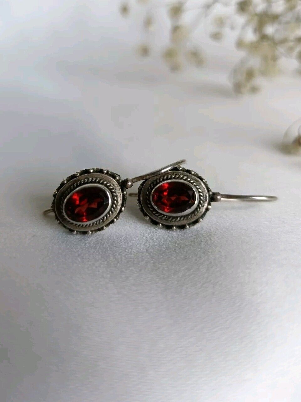 Vintage 925 Sterling Silver & Bezel Set Garnet Hook Drop Earrings