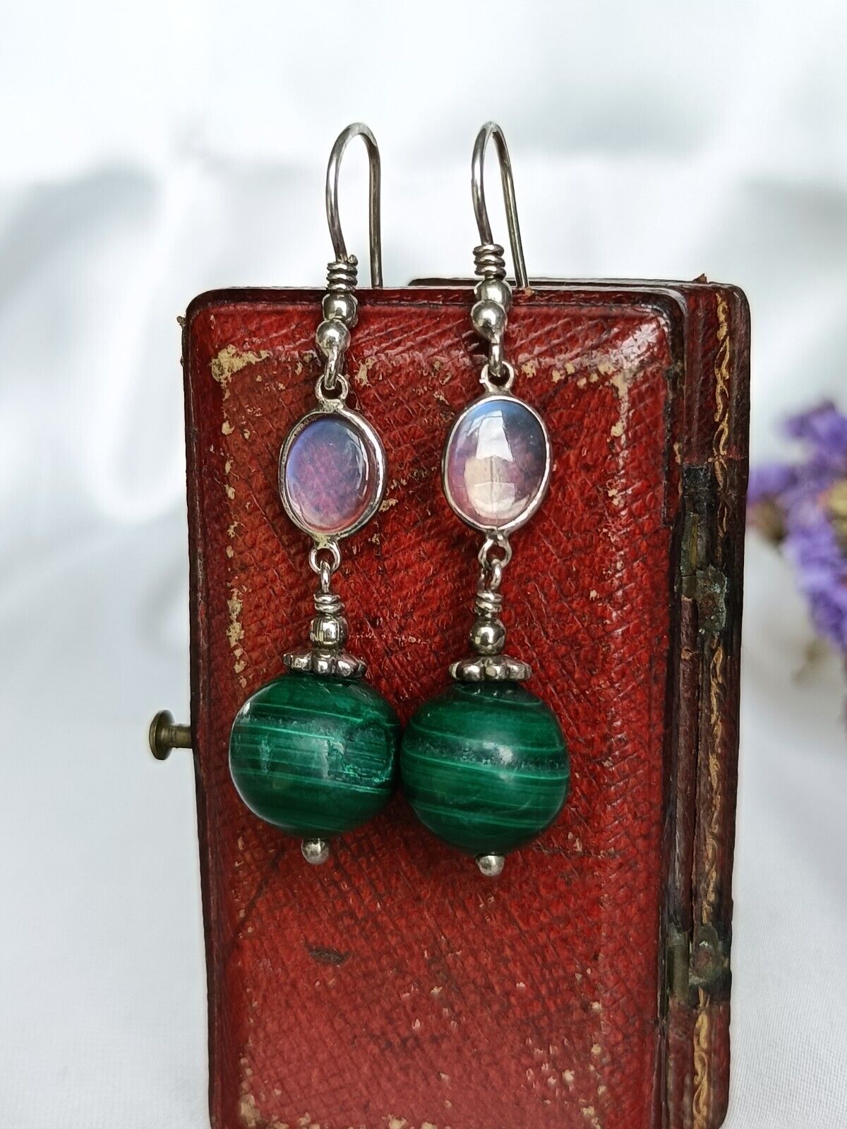 Vintage Sterling Silver Moonstone & Malachite Hook Drop Earrings