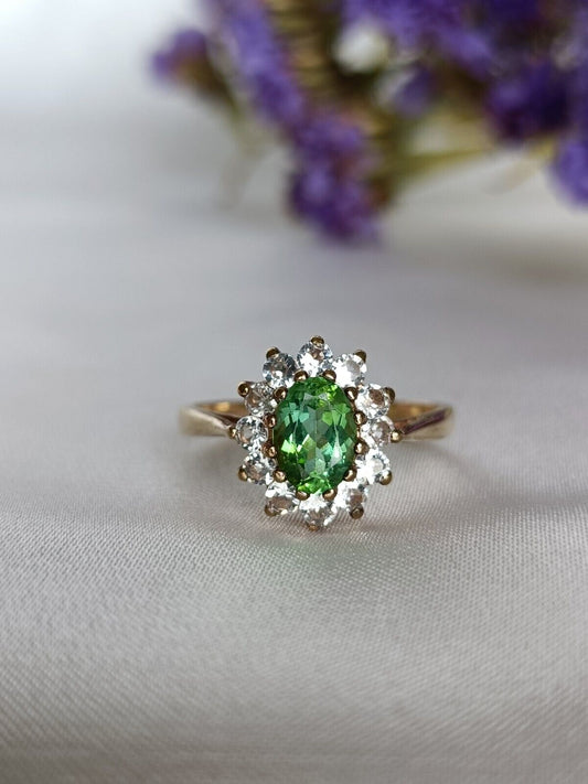 Vintage 9ct Gold Peridot & Spinel Flower Cluster Ring Size 61/4 Or L 1/2