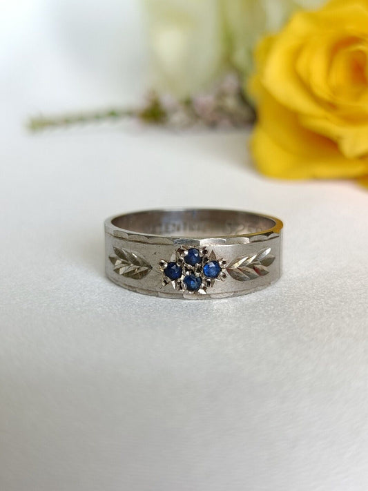 Vintage 925 Sterling Silver MY VALENTINE blue Sapphire Etched Ring Size 7 3/4