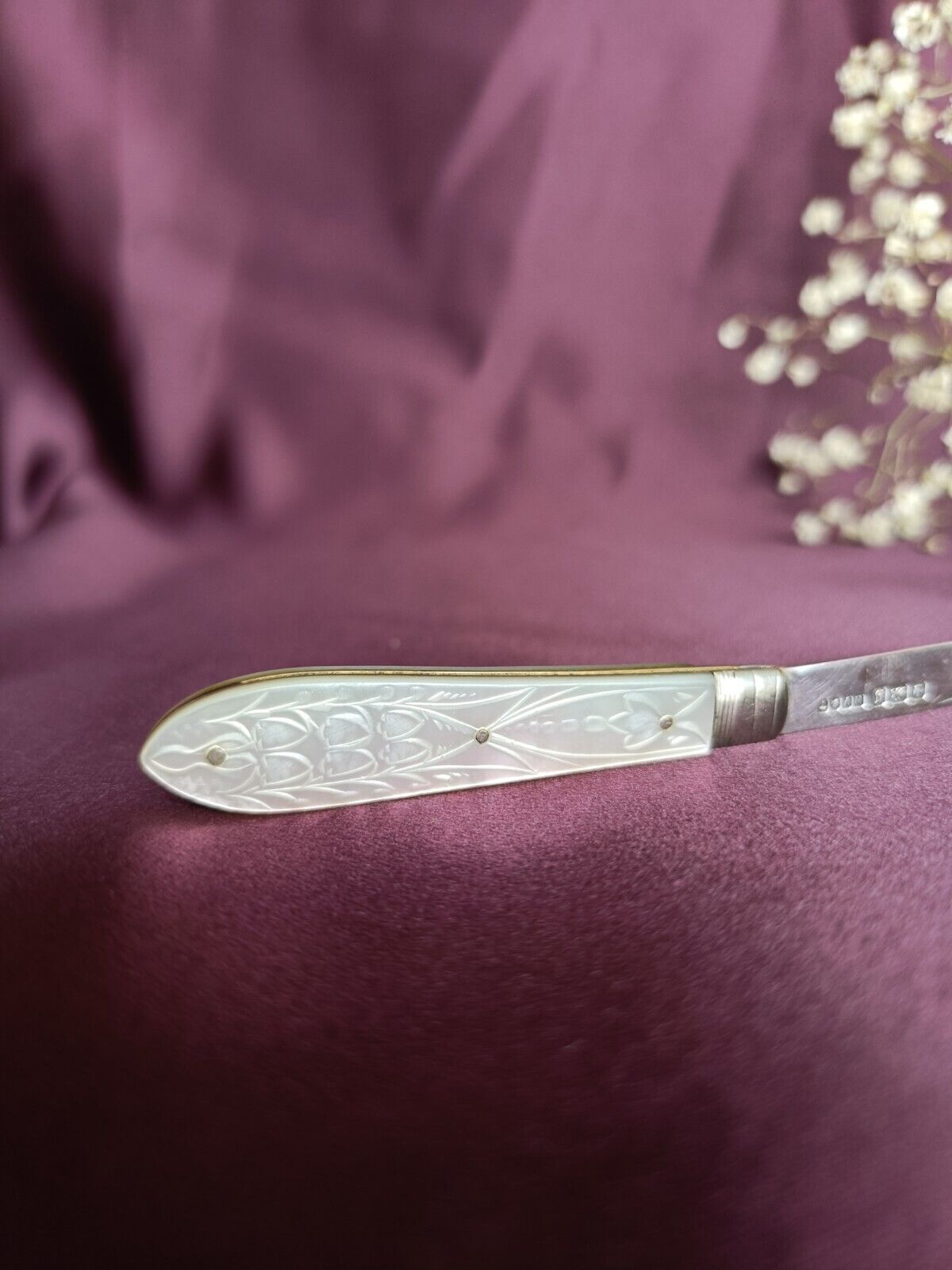 Antique 1899 Sterling Silver & Mother Of Pearl Folding Fruit Knife