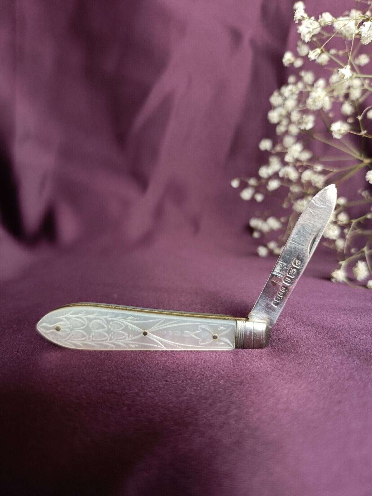 Antique 1899 Sterling Silver & Mother Of Pearl Folding Fruit Knife