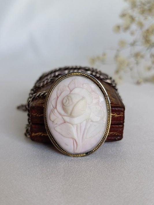 Vintage 800 Silver & Carved Angel Skin Coral Rose Flower Cameo Pendant & Brooch