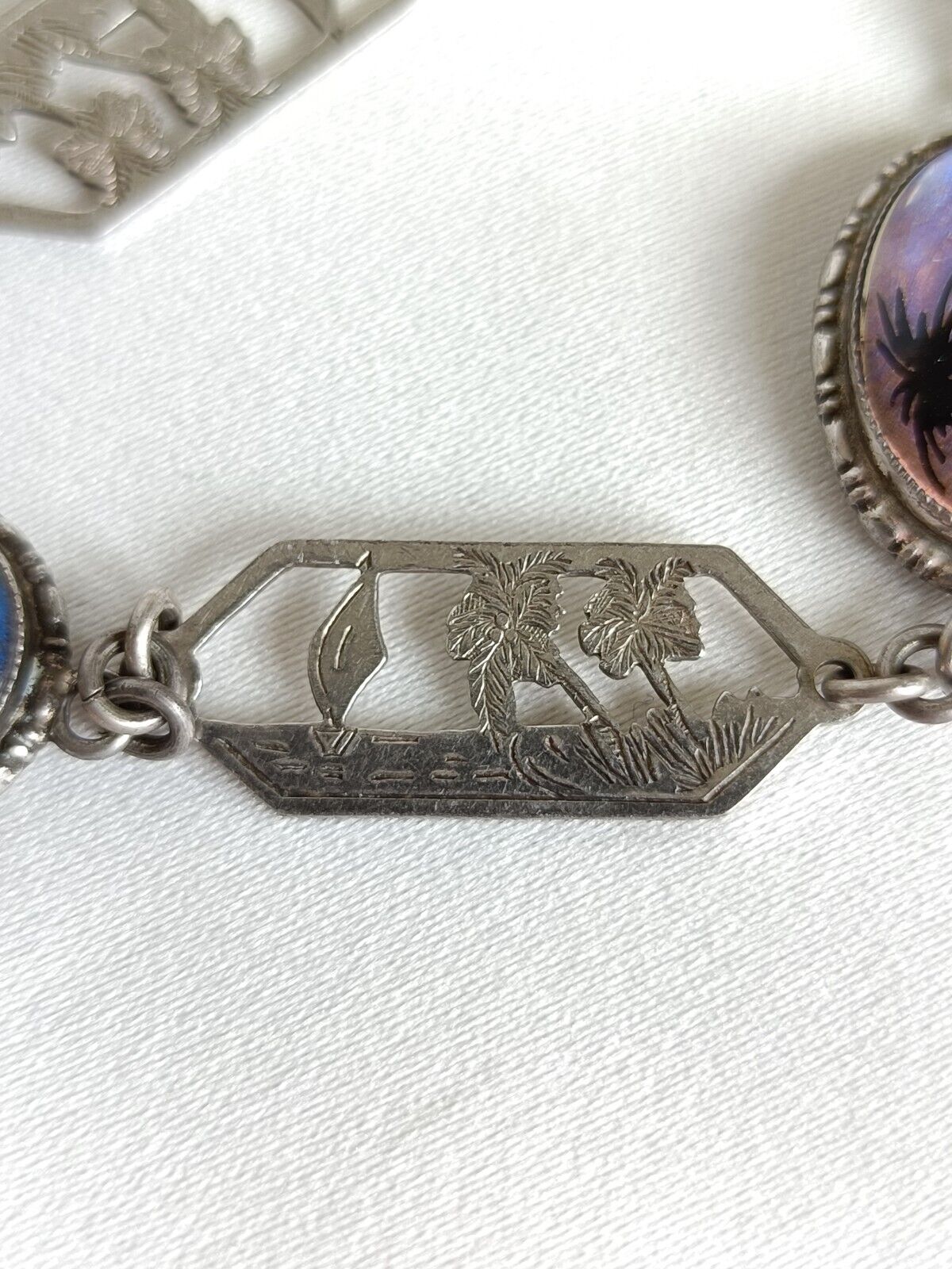 Vintage Thomas L. Mott Sterling Silver & Butterfly Wing Panel Bracelet 18cm