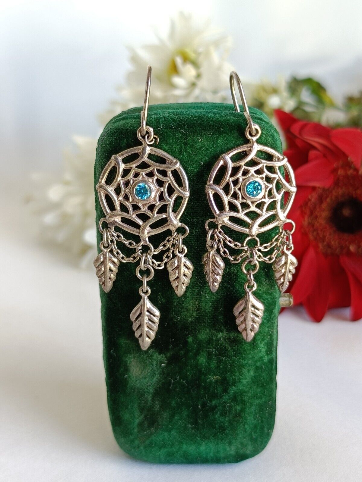 Pretty 925 Sterling Silver & Blue Stone Articulated Dream Catcher Earrings