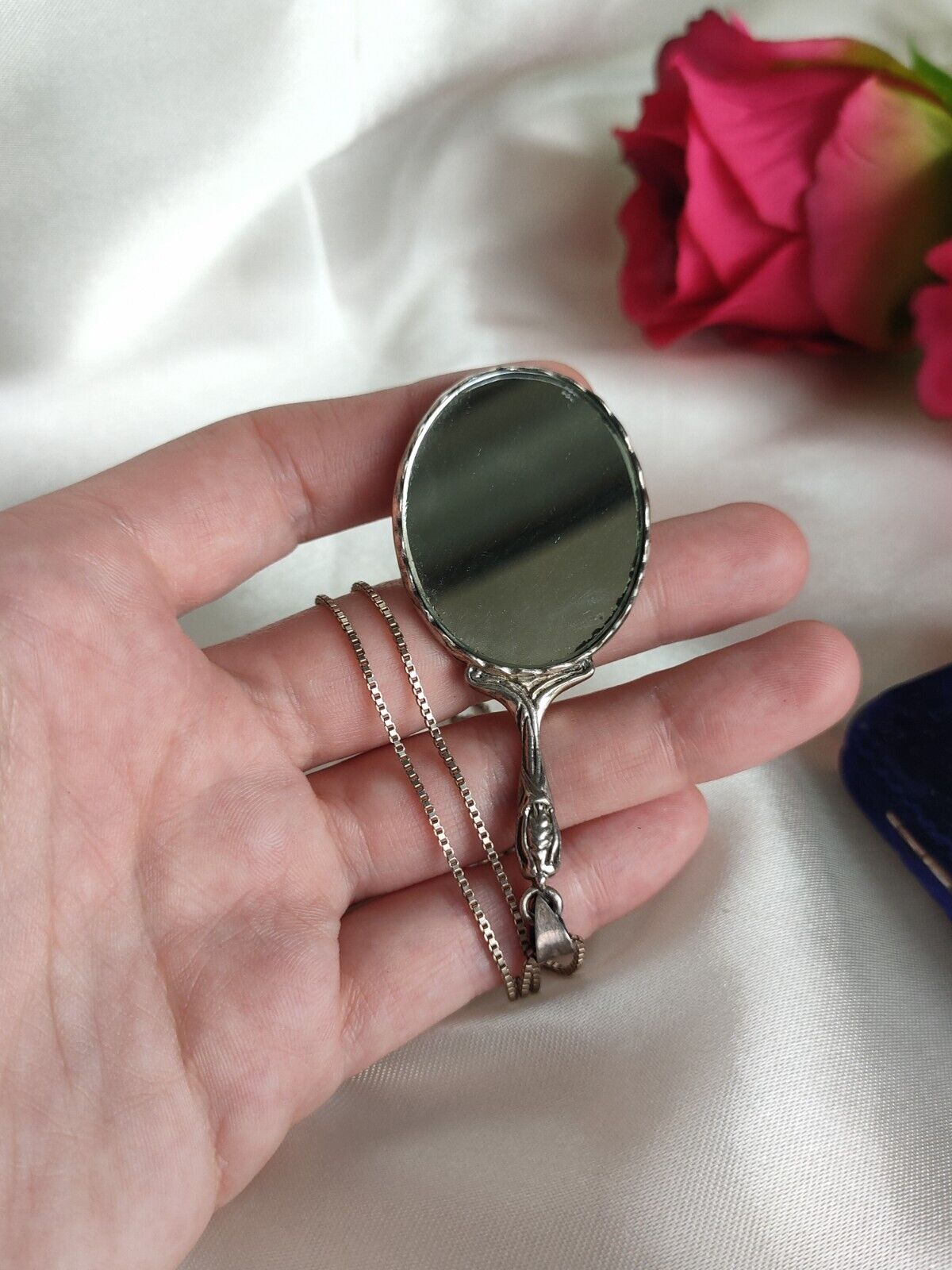 Antique Sterling Silver Chatelaine Hand mirror Pendant & Chain