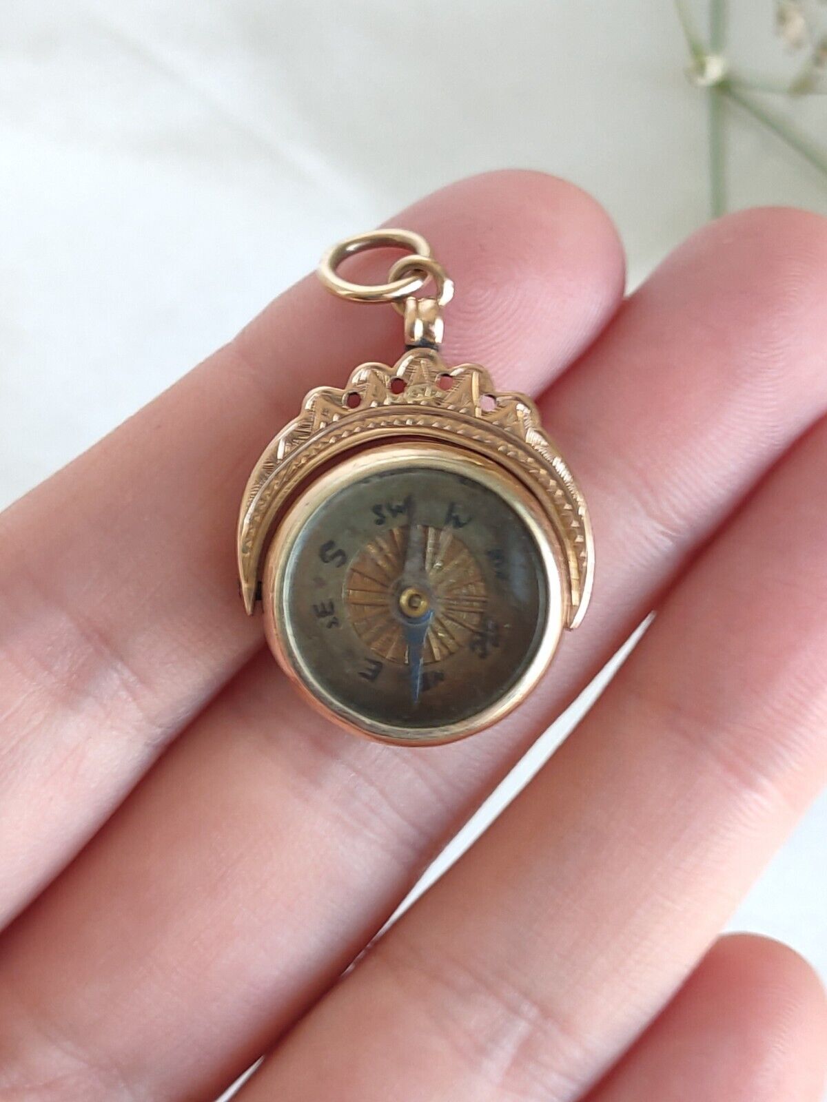 Antique English 1905 Edwardian Compass & Bloodstone Spinning Fob Pendant