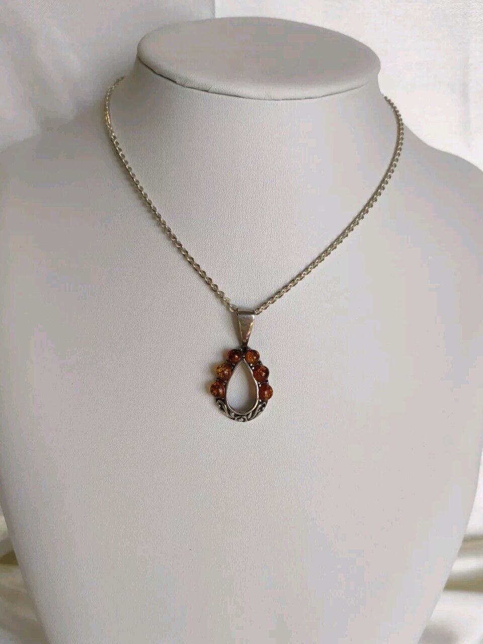 Vintage 925 Sterling Silver Floral Amber Tear Drop Pendant