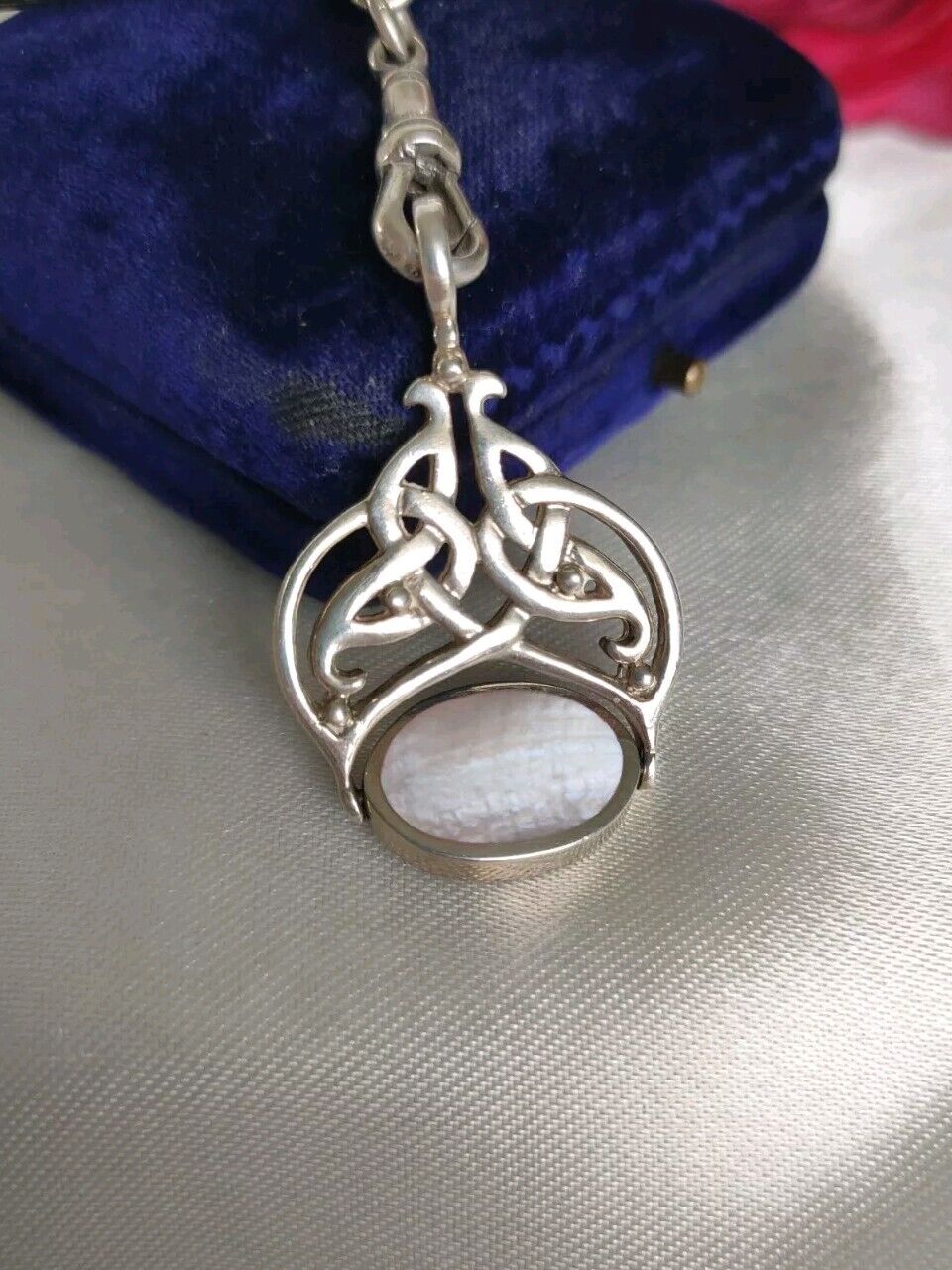 Vintage Irish Made Celtic Knot Design Lapis  Shell Swivel Spinner Fob Pendant