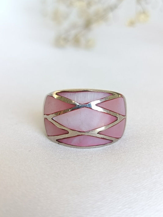 Vintage 925 Sterling Silver  & Pink Mother Of Pearl Patterned Ring Size 6 US Or