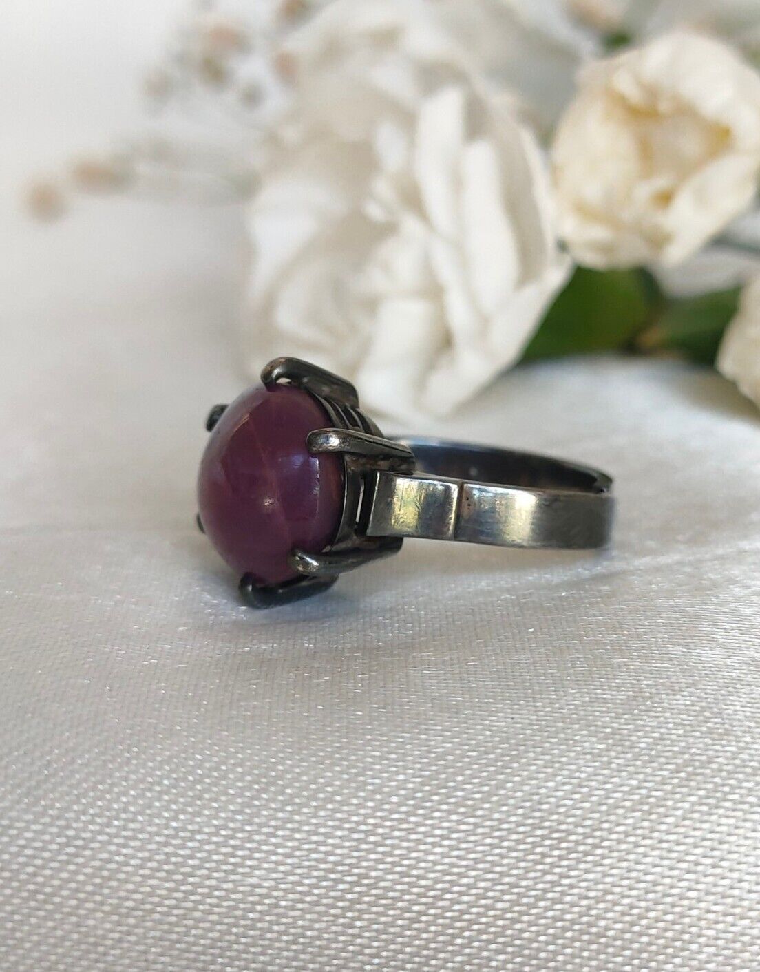 Antique Australian Sterling Silver & Natural Star Ruby Cocktail Ring Size 8 or P