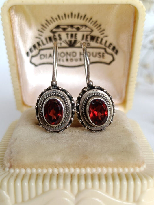 Vintage 925 Sterling Silver & Bezel Set Garnet Hook Drop Earrings