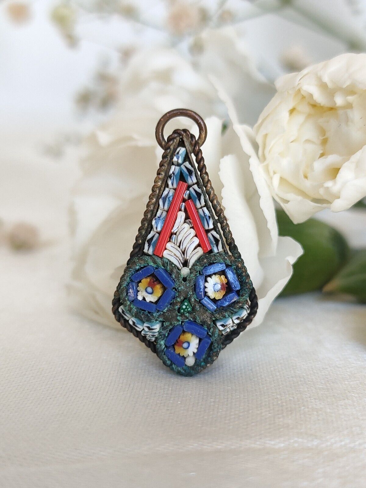 Antique Vintage Millefiori Micro Mosaic Brass Pendant