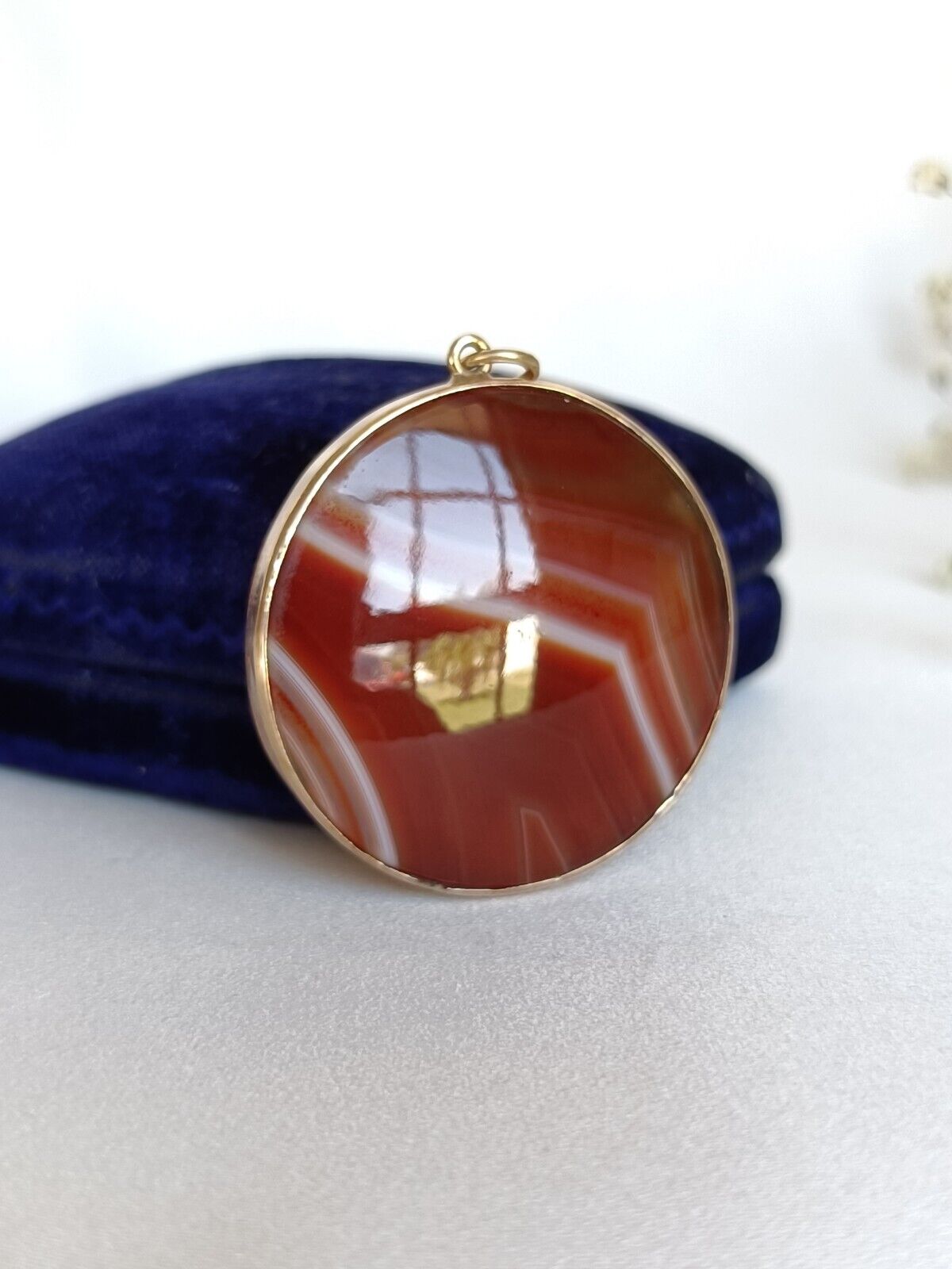 Antique 9ct Gold Large Banded Agate Pendant