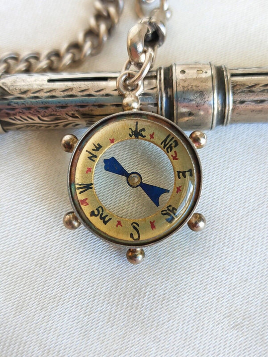 Antique 1908 Pearce & Thompson Nautical Compass Fob Pendant & Chain