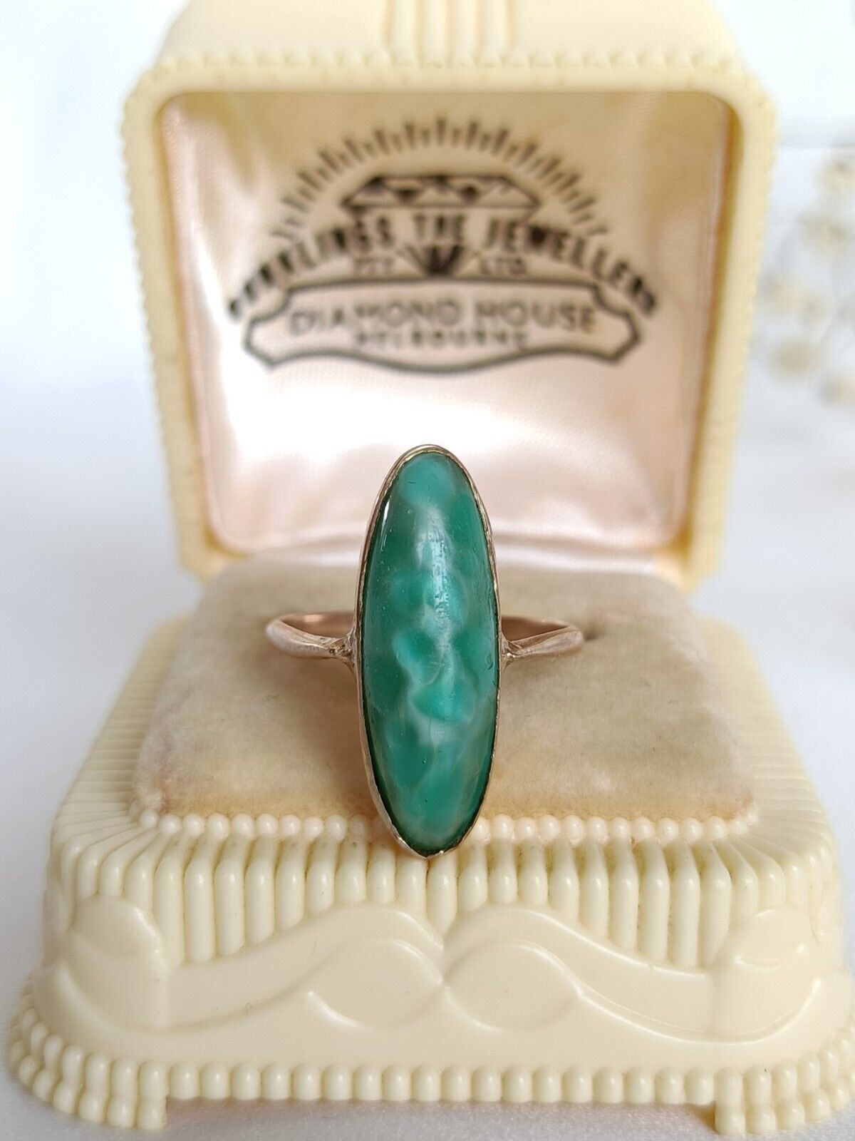 Antique Australian 9ct Gold & Amazonite Navette Ring By William Drummond & Co