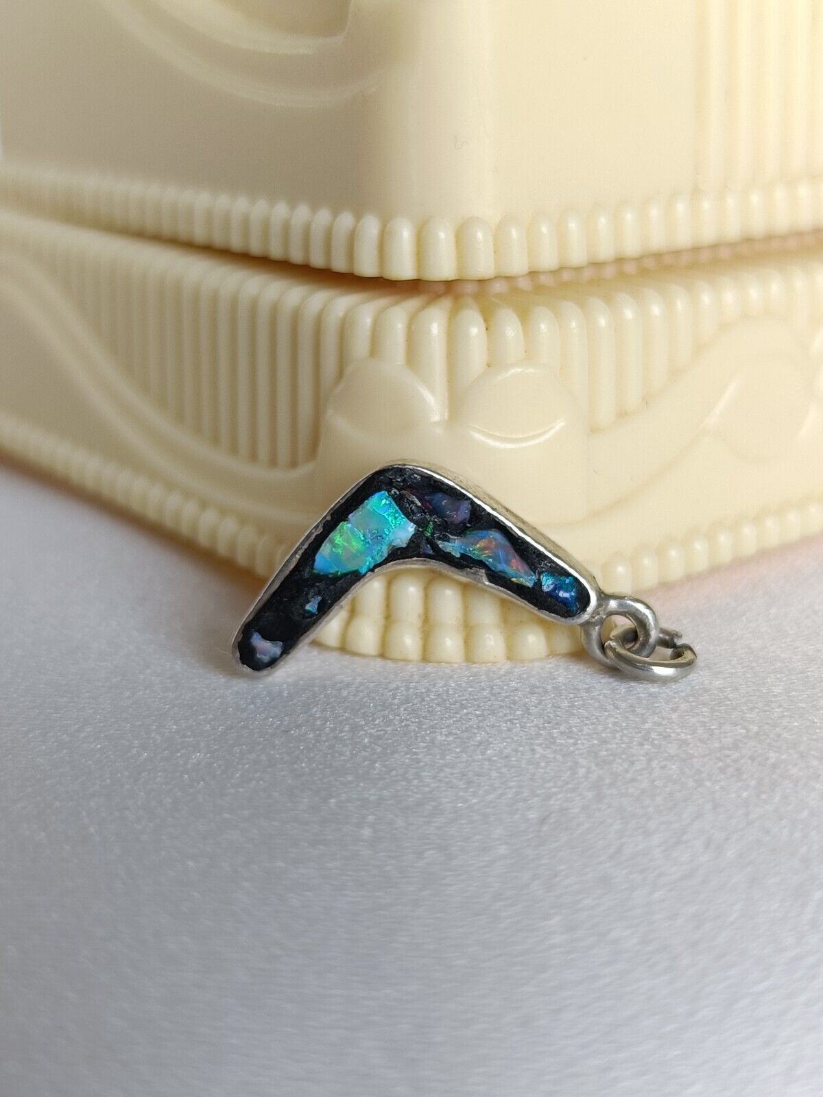 Vintage Australian Sterling Silver & Opal Boomerang Charm Or Small Pendant