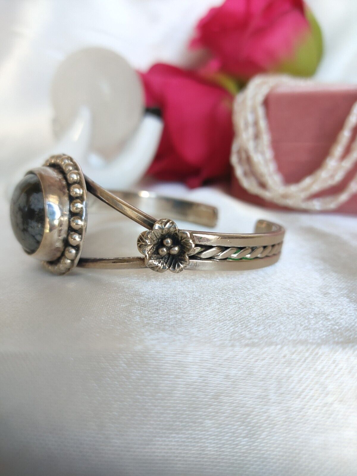 Beautiful Heavy Sterling Silver & Snowflake Obsidian Cuff Bangle Bracelet