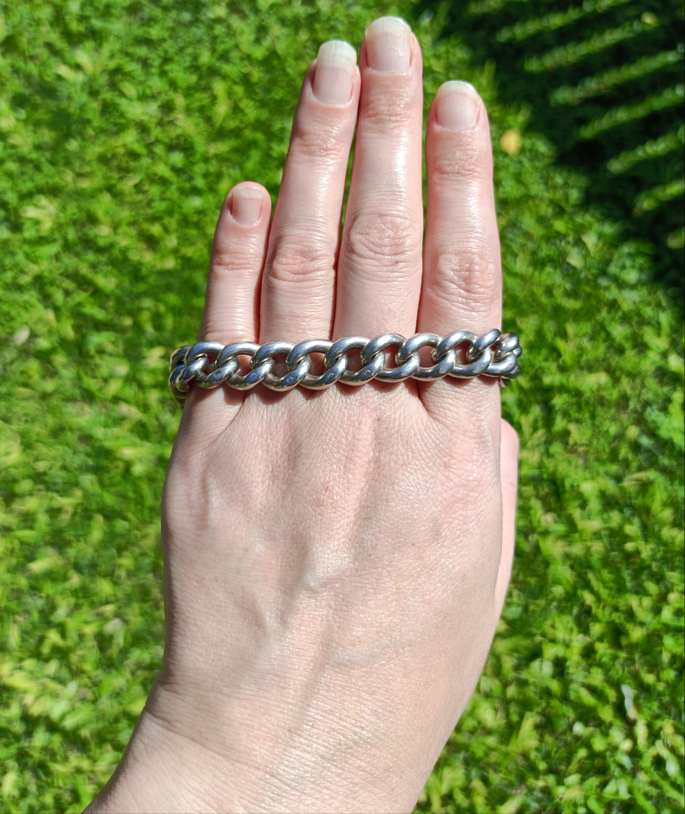Antique English heavy sterling silver curb link chain bracelet with dog clip closure 22cm