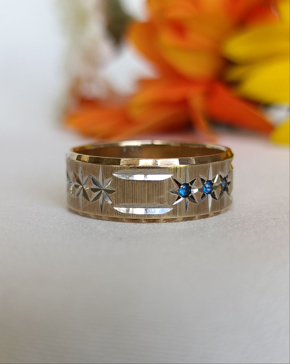 Vintage 1970's RSF 9ct gold & flush star set iolite wide band ring