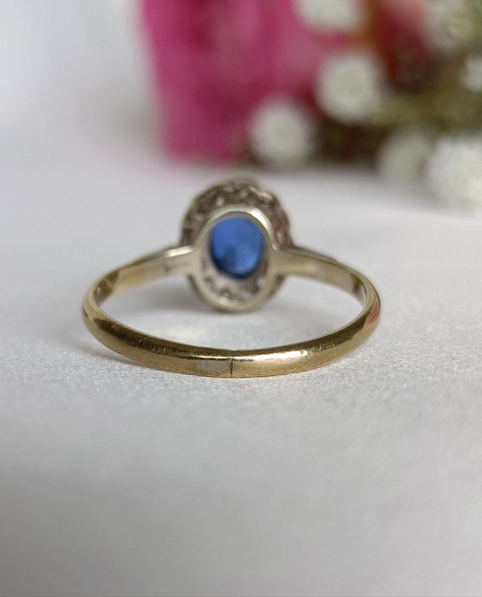 Vintage art deco 9ct gold sapphire & paste flower cluster ring size 6 1/2 US or M UK