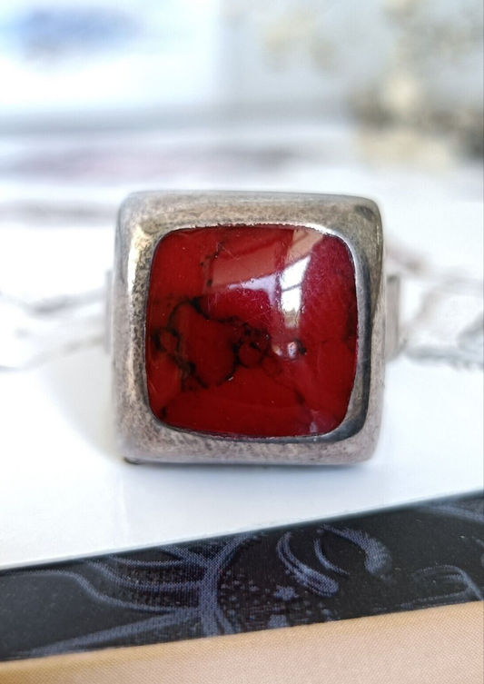 Vintage 925 Sterling Silver & Red Jasper Statement Ring Size 9 1/2 Or S