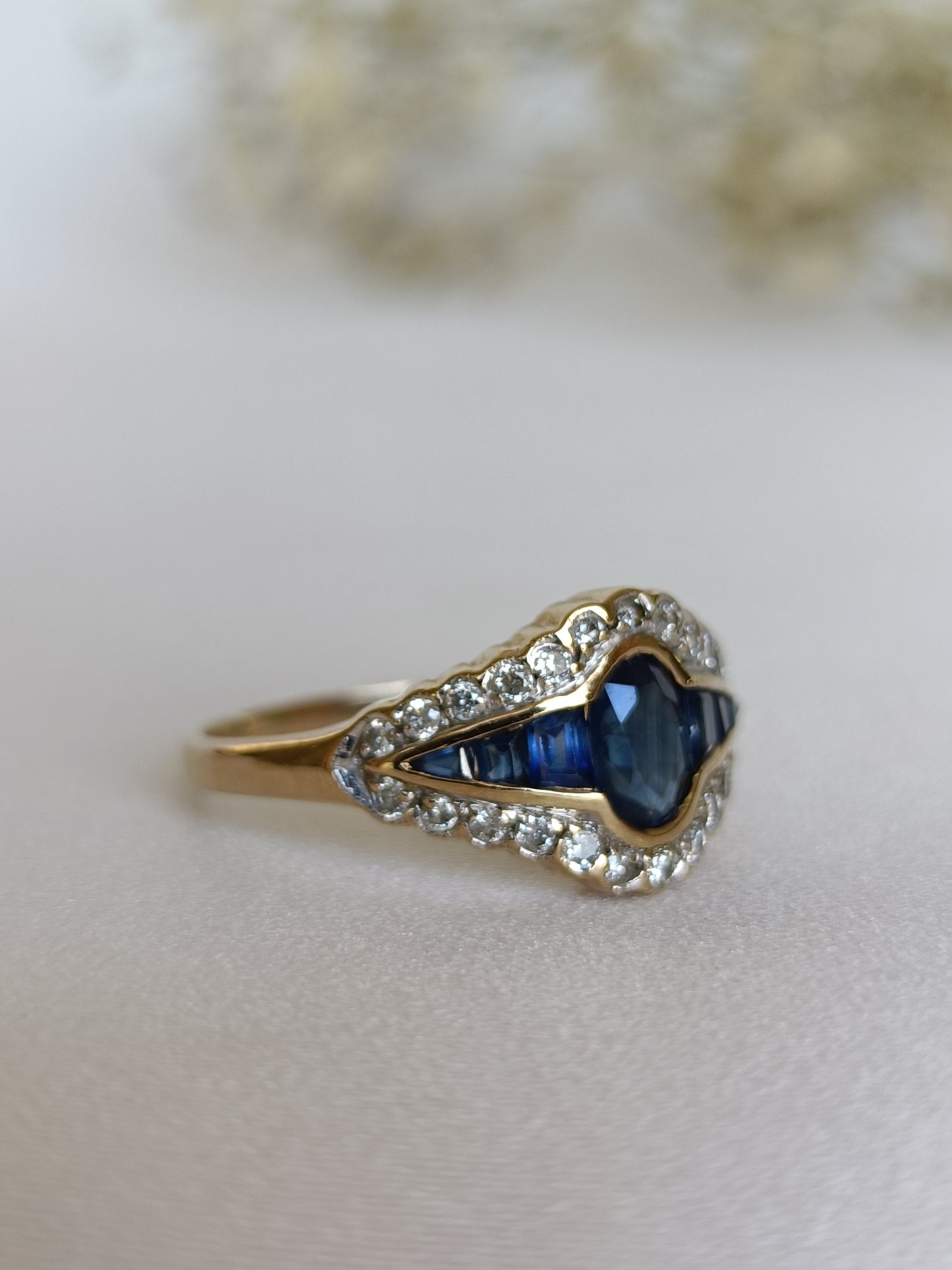 Contemporary 9ct yellow gold low set Sapphire and diamond ring size 7 1/2 US or O UK