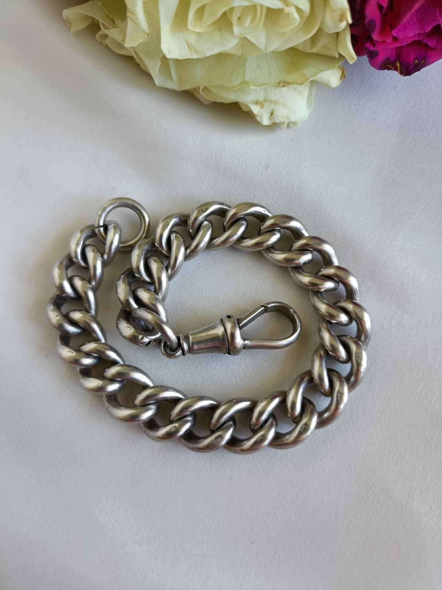 Antique English heavy sterling silver curb link chain bracelet with dog clip closure 22cm