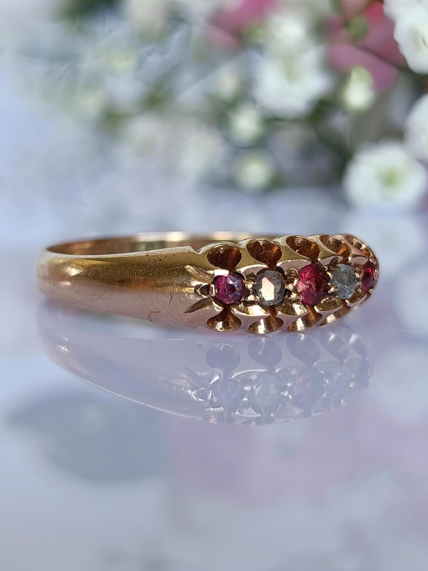 Antique Victorian 15ct yellow gold garnet & diamond 5 stone boat ring size 7 US or N UK