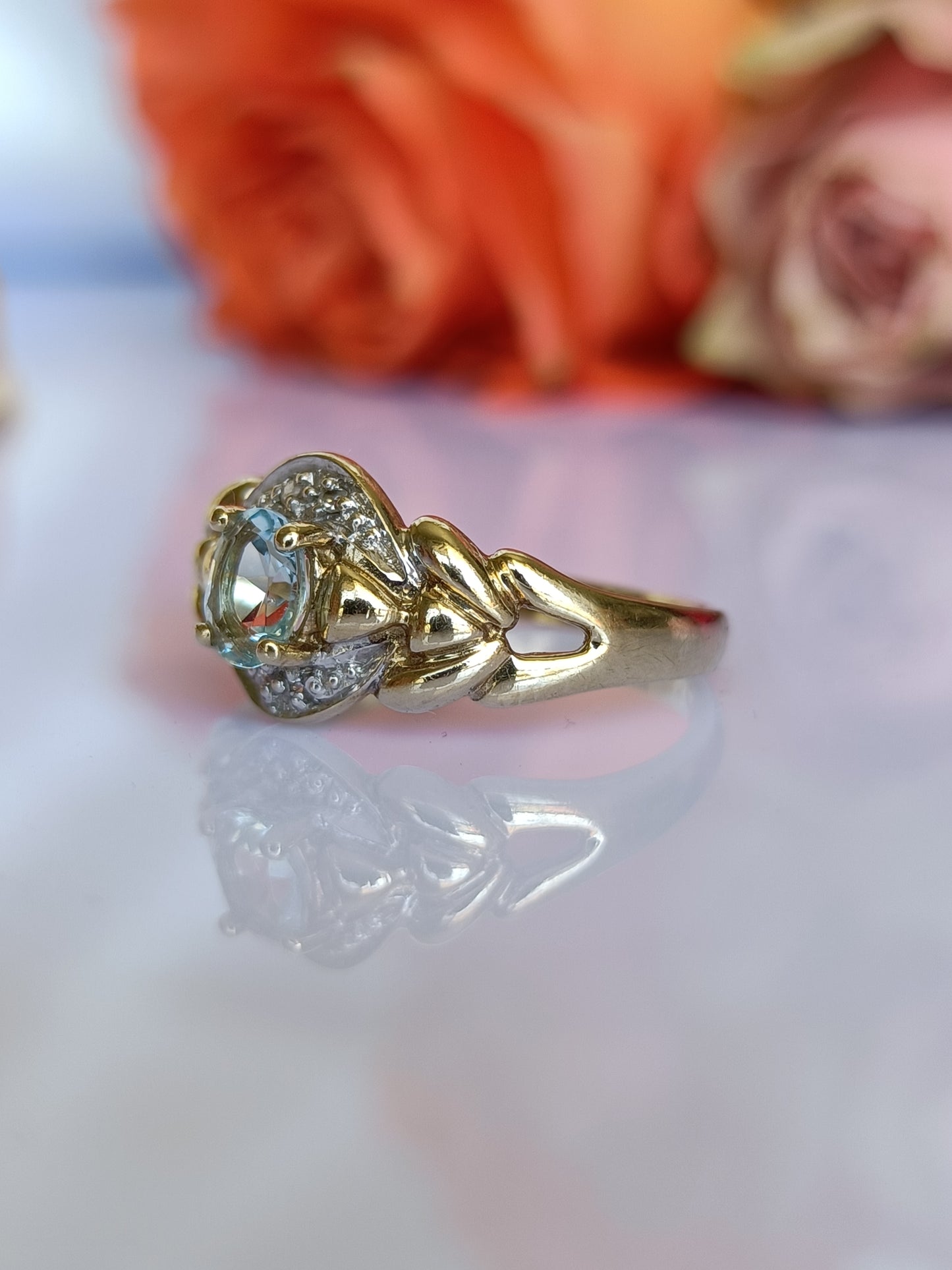 9ct yellow gold blue topaz & diamond dress ring size 5 1/2 US or K UK