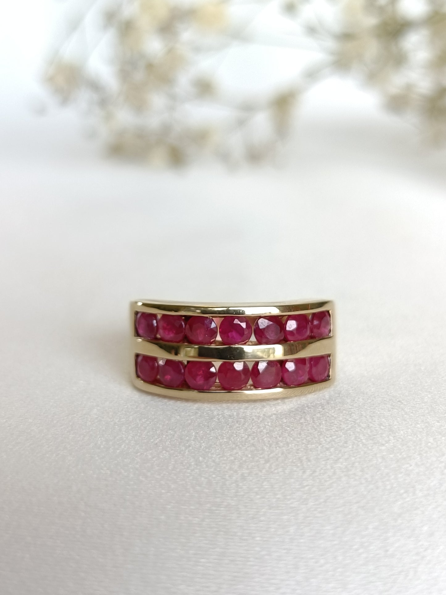 Vintage 10ct yellow gold Channel Set double row Natural Ruby cocktail Ring