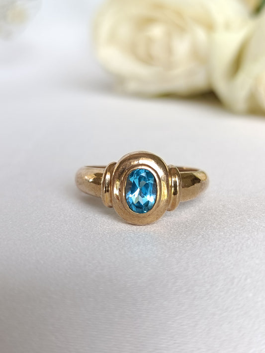 Solid 9ct yellow gold bezel set solitaire blue topaz ring size 7 US or N UK