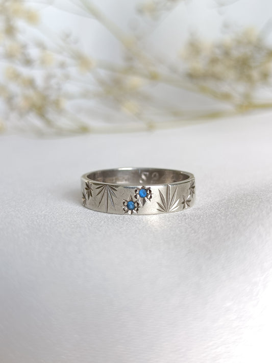 Vintage Australian 1960's Sterling silver MY VALENTINE blue spinel star etched band