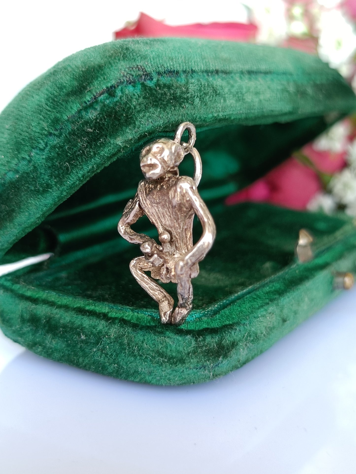 Vintage sterling silver articulated naughty monkey charm or pendant
