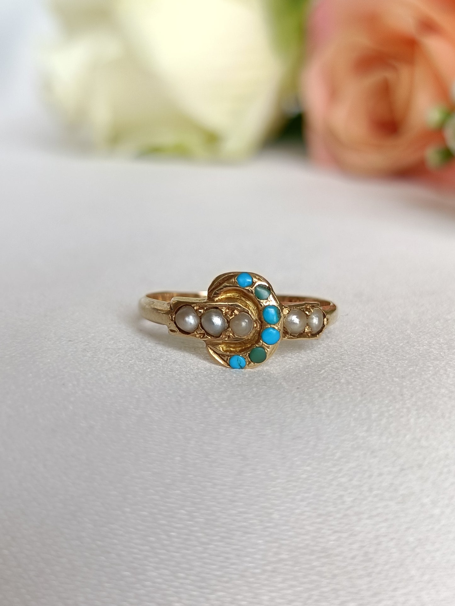 Antique Victorian 1864c 15ct yellow gold turquoise & seed pearl buckle ring