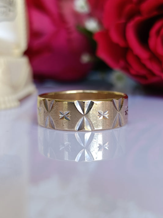 Vintage RSF 9ct Gold Detailed Wide Band Ring Size 7 1/4 US Or N 1/2 UK