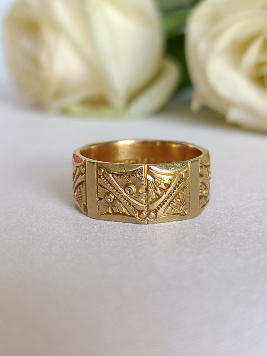 Antique Australian 18ct gold patterned wide band ring by Stuart Dawson & Co