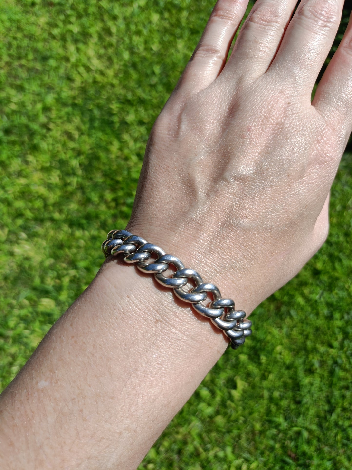 Antique English heavy sterling silver curb link chain bracelet with dog clip closure 22cm