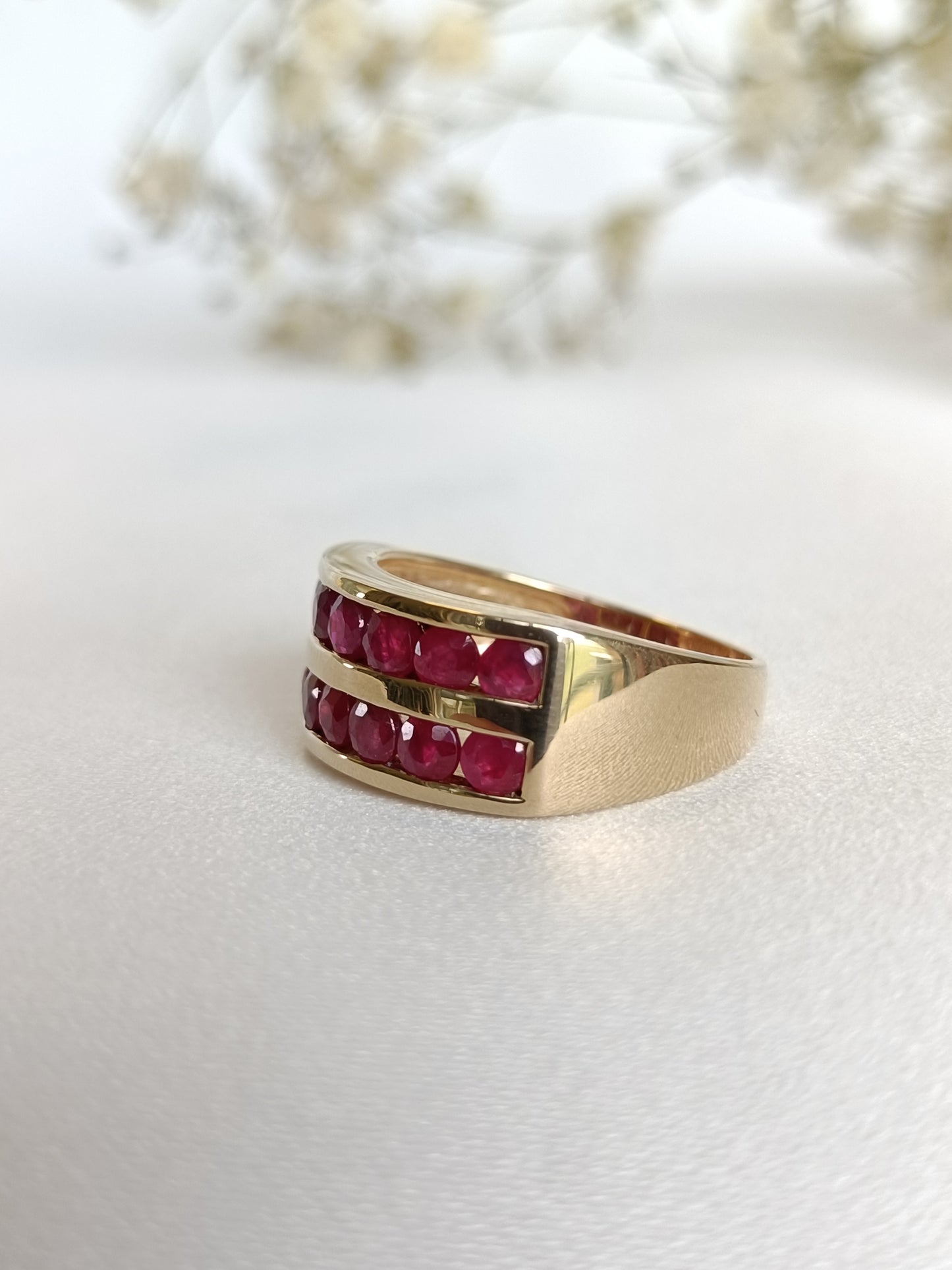 Vintage 10ct yellow gold Channel Set double row Natural Ruby cocktail Ring