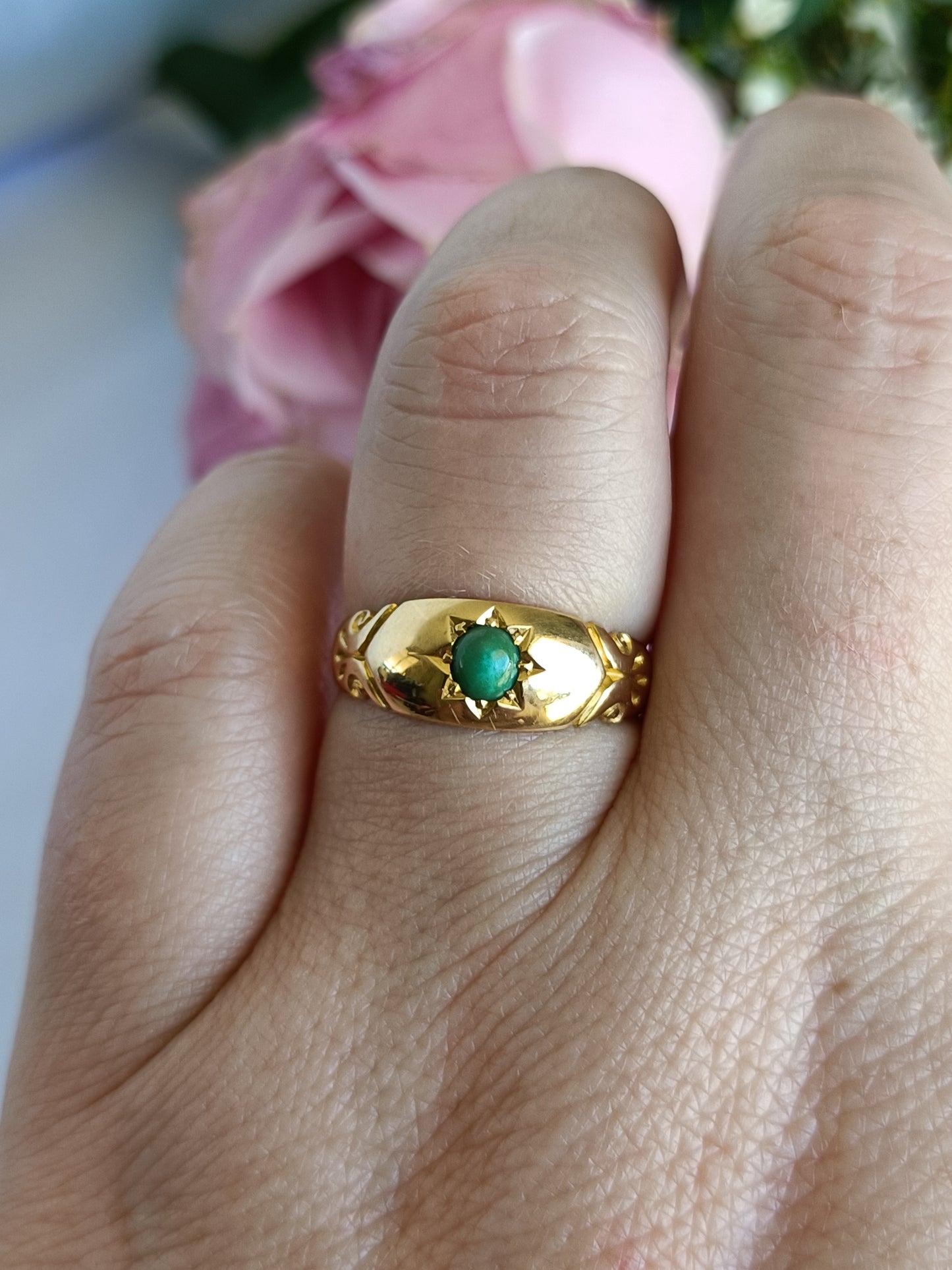 Antique 1908 Chester 18ct Gold & Turquoise Star Set Gypsy Band Ring