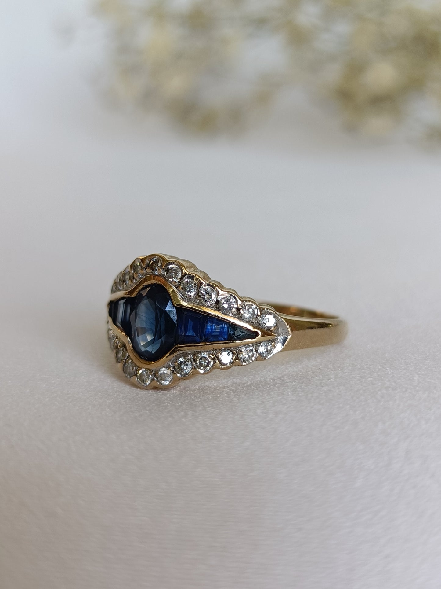 Contemporary 9ct yellow gold low set Sapphire and diamond ring size 7 1/2 US or O UK