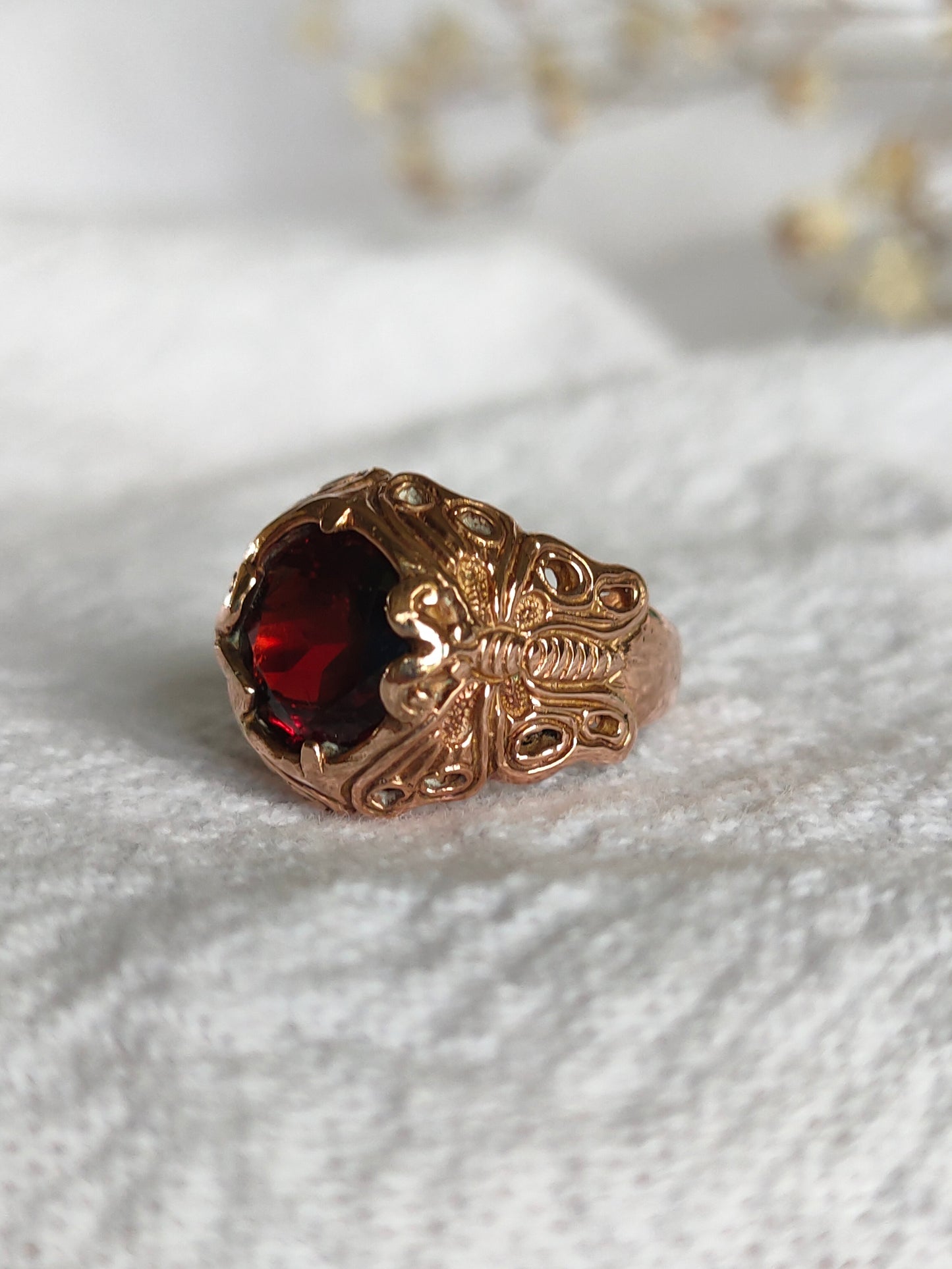 Brilliant Antique Solid 9ct gold natural Garnet Butterfly solitaire Signet ring