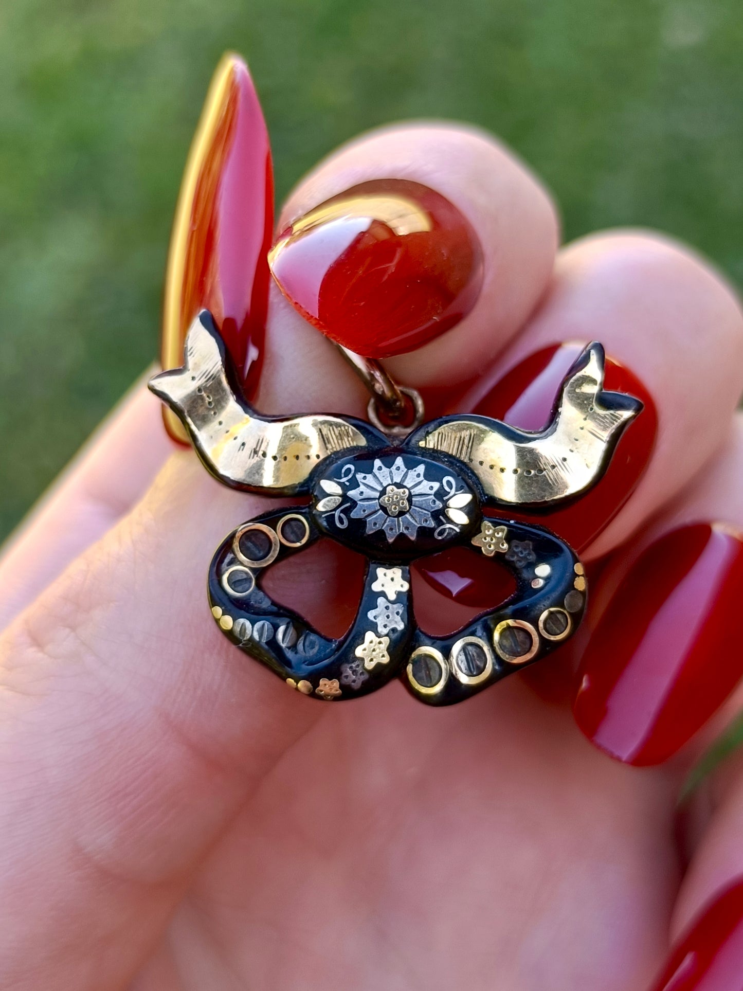 *Reserved for Mim* Antique Victorian 9ct gold & sterling silver piqué bow pendant