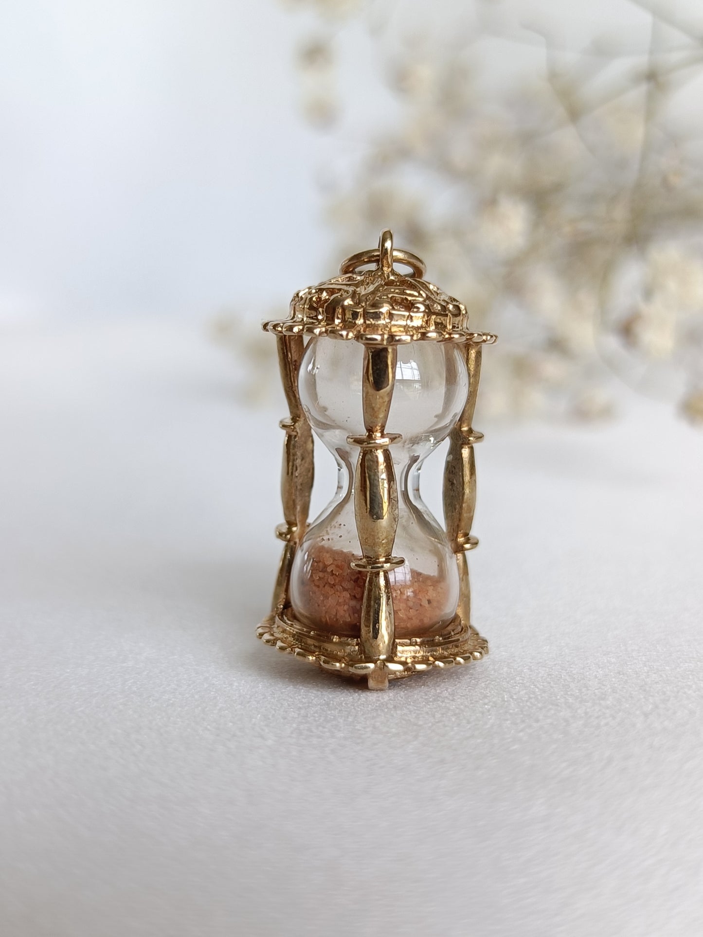 Vintage 1966 9ct yellow gold miniature hour glass sand timer pendant or charm by Fred Manshaw Ltd.