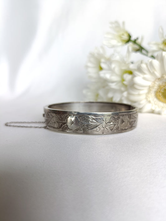 Antique 1883c sterling silver floral morning glory engraved bangle by James Fenton