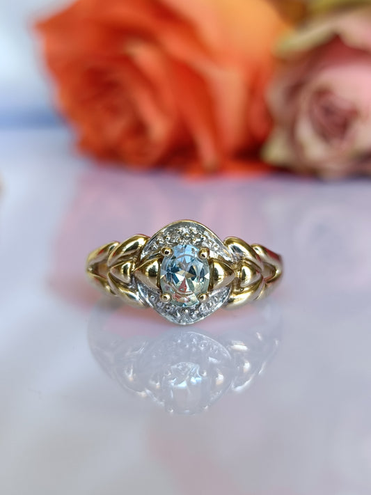 9ct yellow gold blue topaz & diamond dress ring size 5 1/2 US or K UK