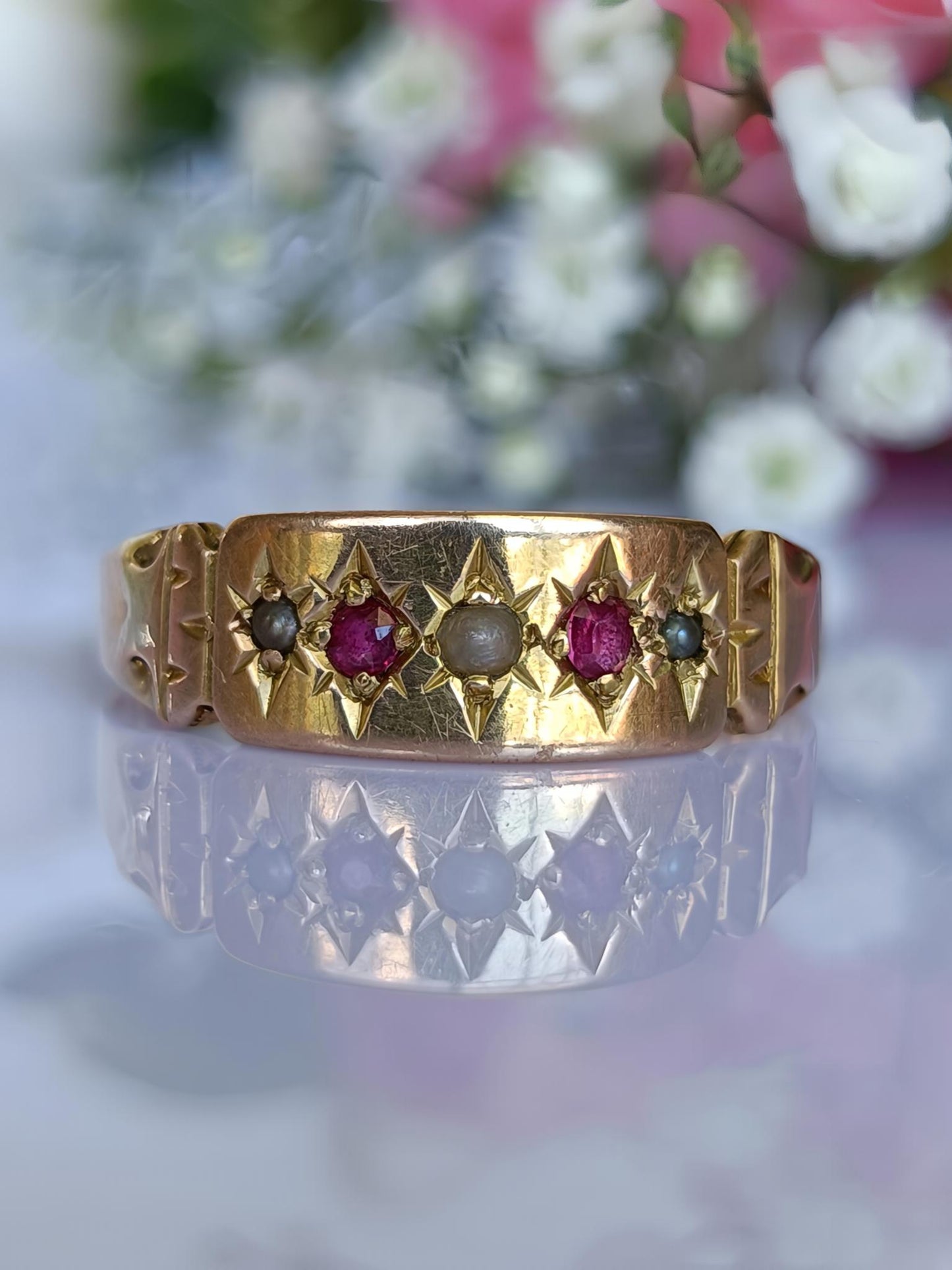 Antique Australian 15ct Gold Ruby & Seed Pearl 5 Stone Star Set Gypsy Ring Size V