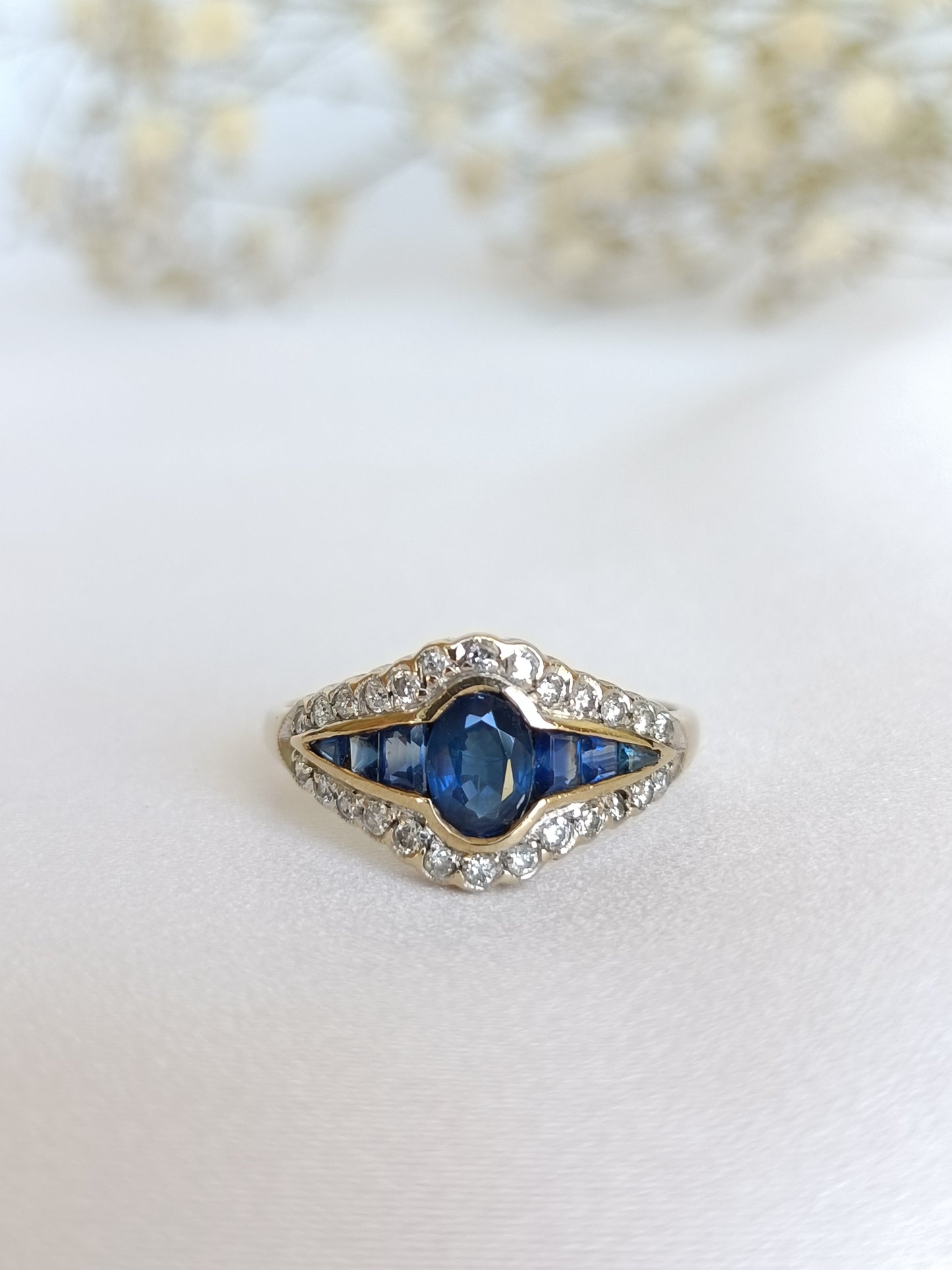 Contemporary 9ct yellow gold low set Sapphire and diamond ring size 7 1/2 US or O UK