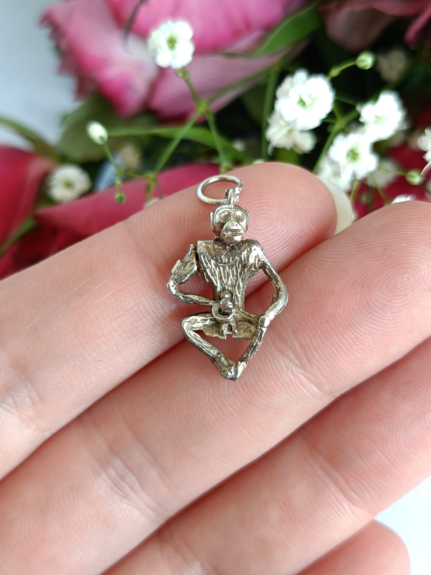 Vintage sterling silver articulated naughty monkey charm or pendant